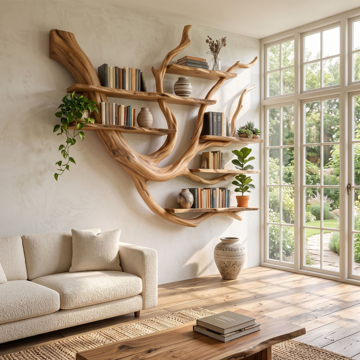 Tree branch solid wood bookshelf showcased as a statement wall accent
