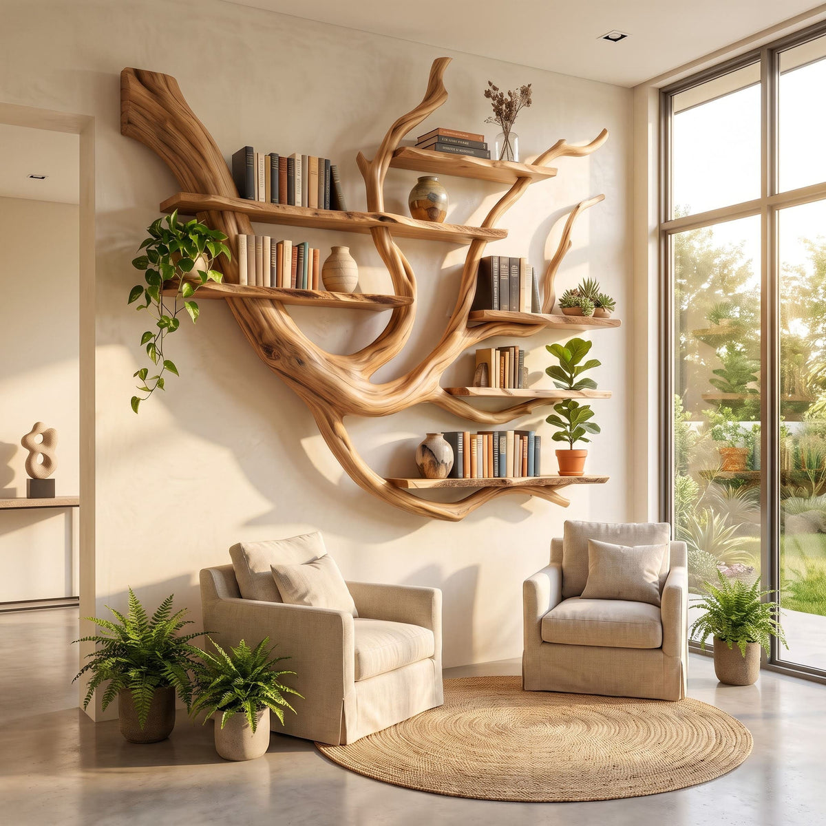 Solid wood wall hanging display rack styled in a modern reading nook