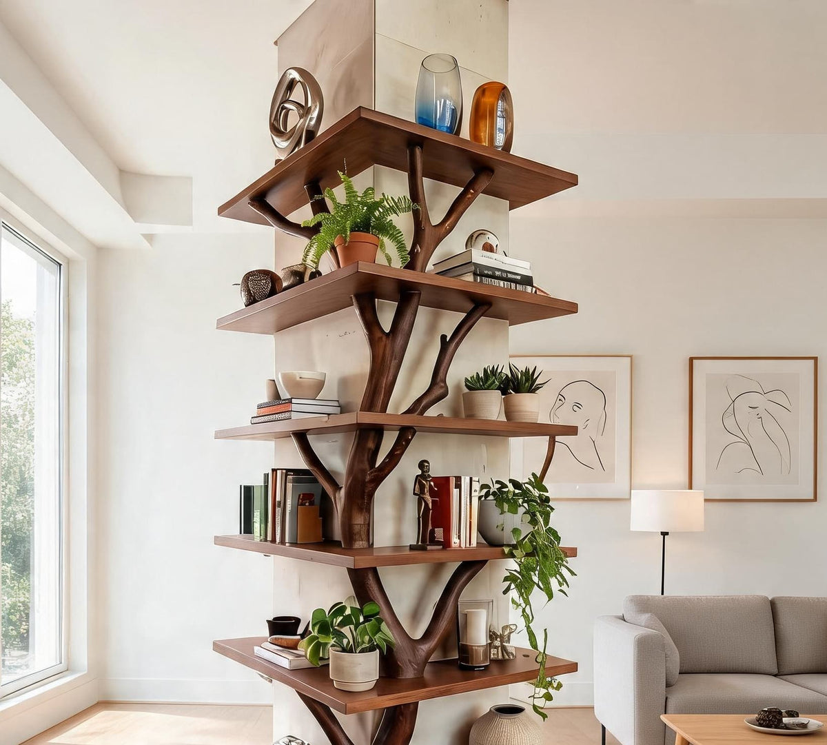 Sculptural wooden tree shelf with organic design