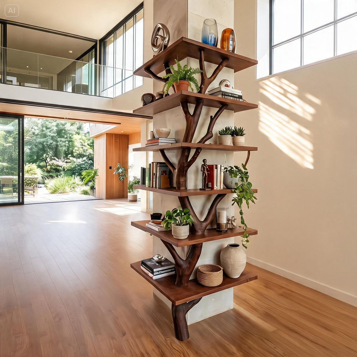 Organic modern wooden bookshelf in a contemporary apartment