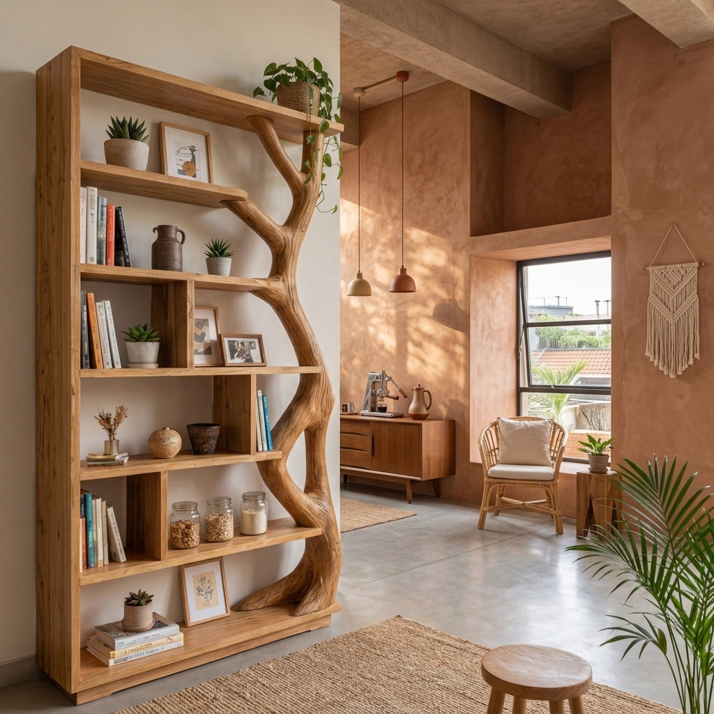 Sculptural solid wood tree bookshelf in a modern living room