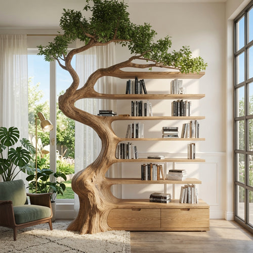 Sculptural Tree Branch Solid Wood Bookshelf with Integrated Drawers