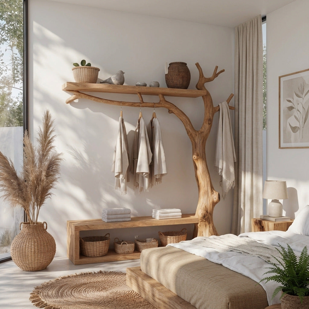 Modern solid wood coat rack and bench in a minimalist bedroom