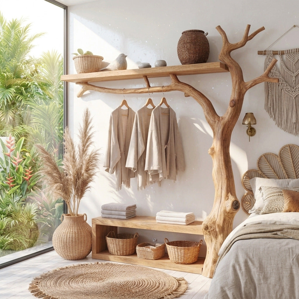 Sculptural tree branch entryway bench in a Scandinavian interior