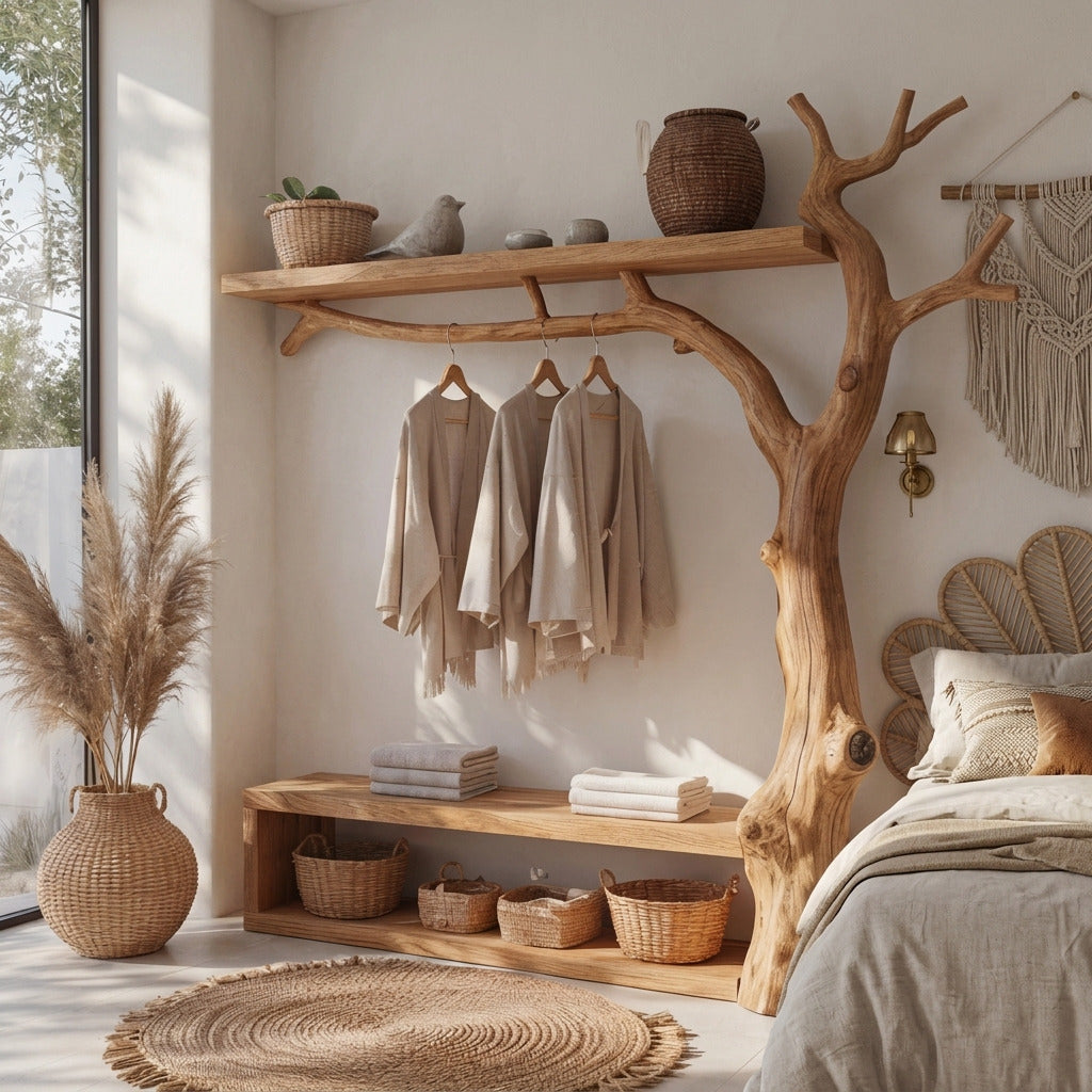 Contemporary wooden coat rack with bench in a luxury bedroom