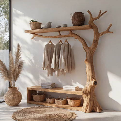 Sculptural Tree Branch Solid Wood Coat Rack & Entryway Bench
