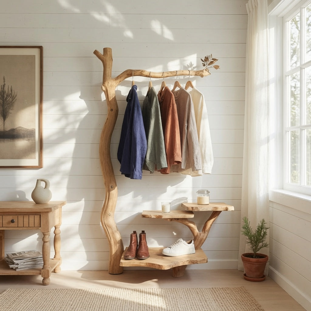 Artistic tree branch entryway shelf made from natural wood