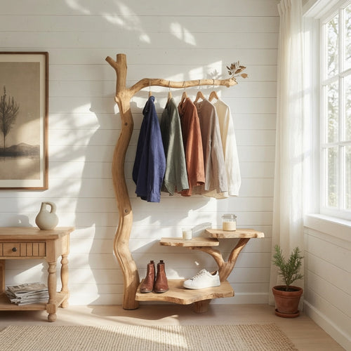 Sculptural Tree Branch Solid Wood Coat Rack & Entryway Shelf - Organic Modern Hall Tree