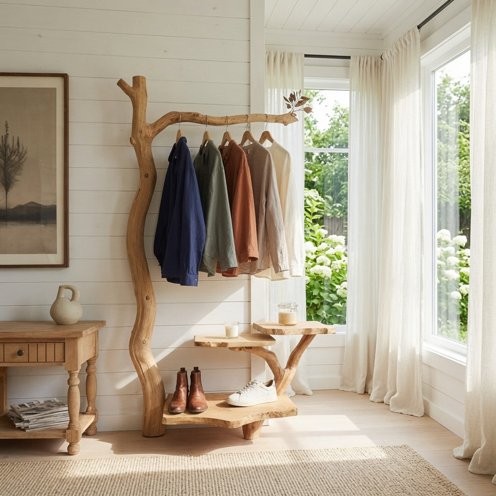 Sculptural solid wood coat rack in a modern entryway