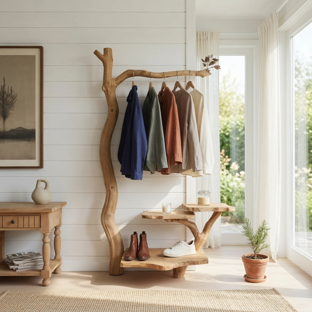 Solid wood entryway shelf with coat hooks in a contemporary hallway