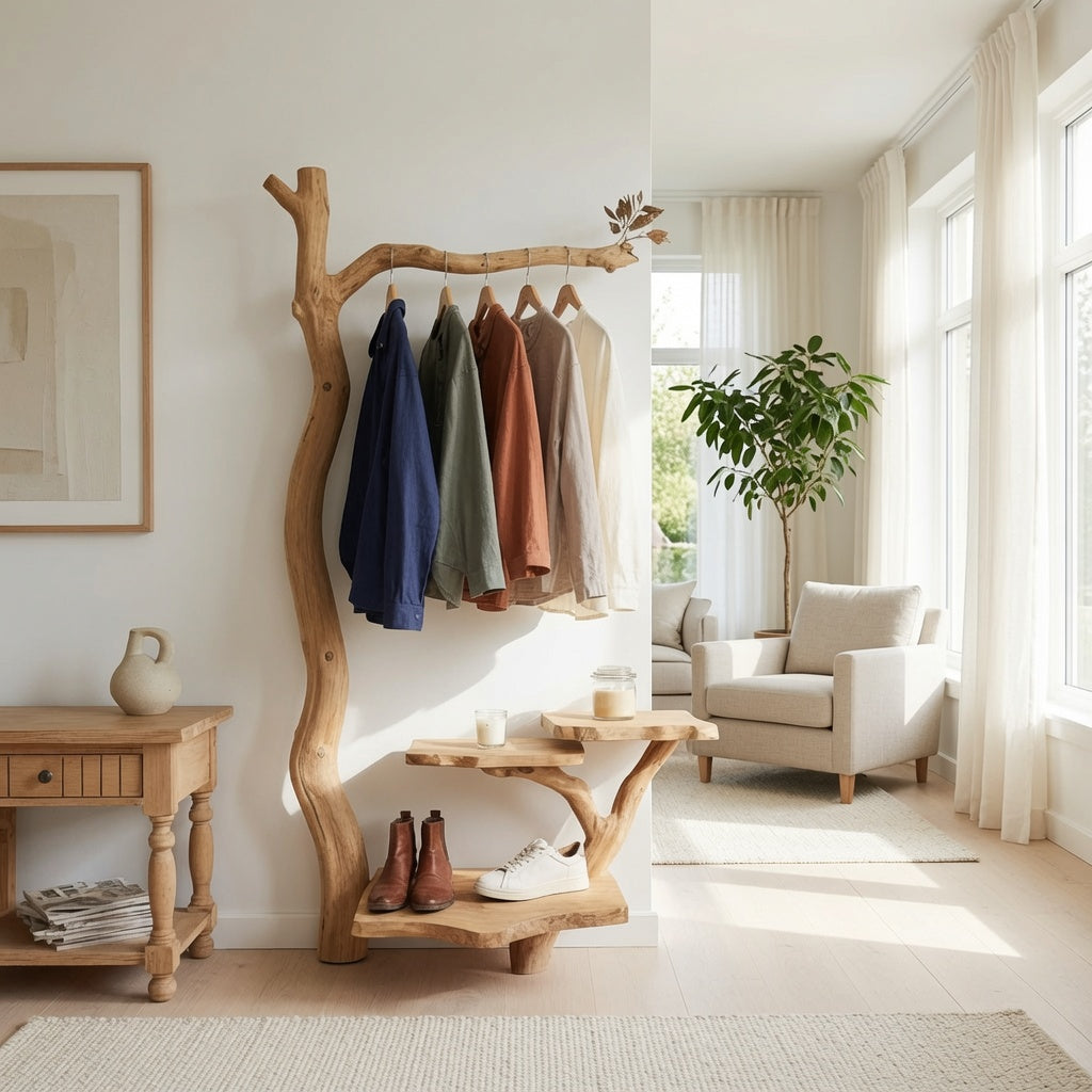 Tree branch coat rack displayed in a Scandinavian entryway