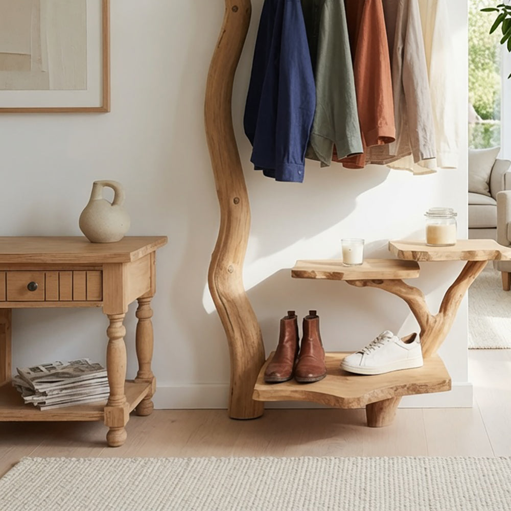 Modern solid wood hall tree with sculptural design