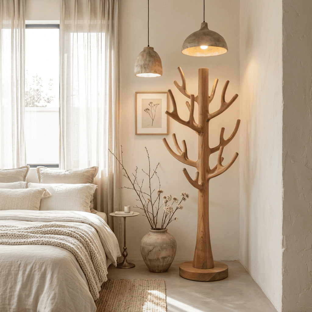 Organic solid wood freestanding coat rack displayed in a minimalist bedroom