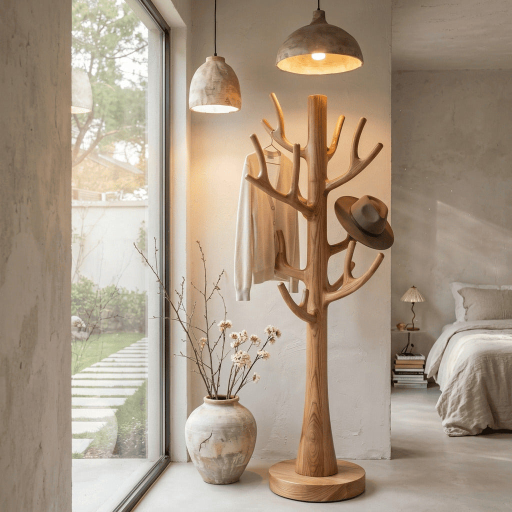 Organic solid wood freestanding coat rack displayed in a minimalist bedroom