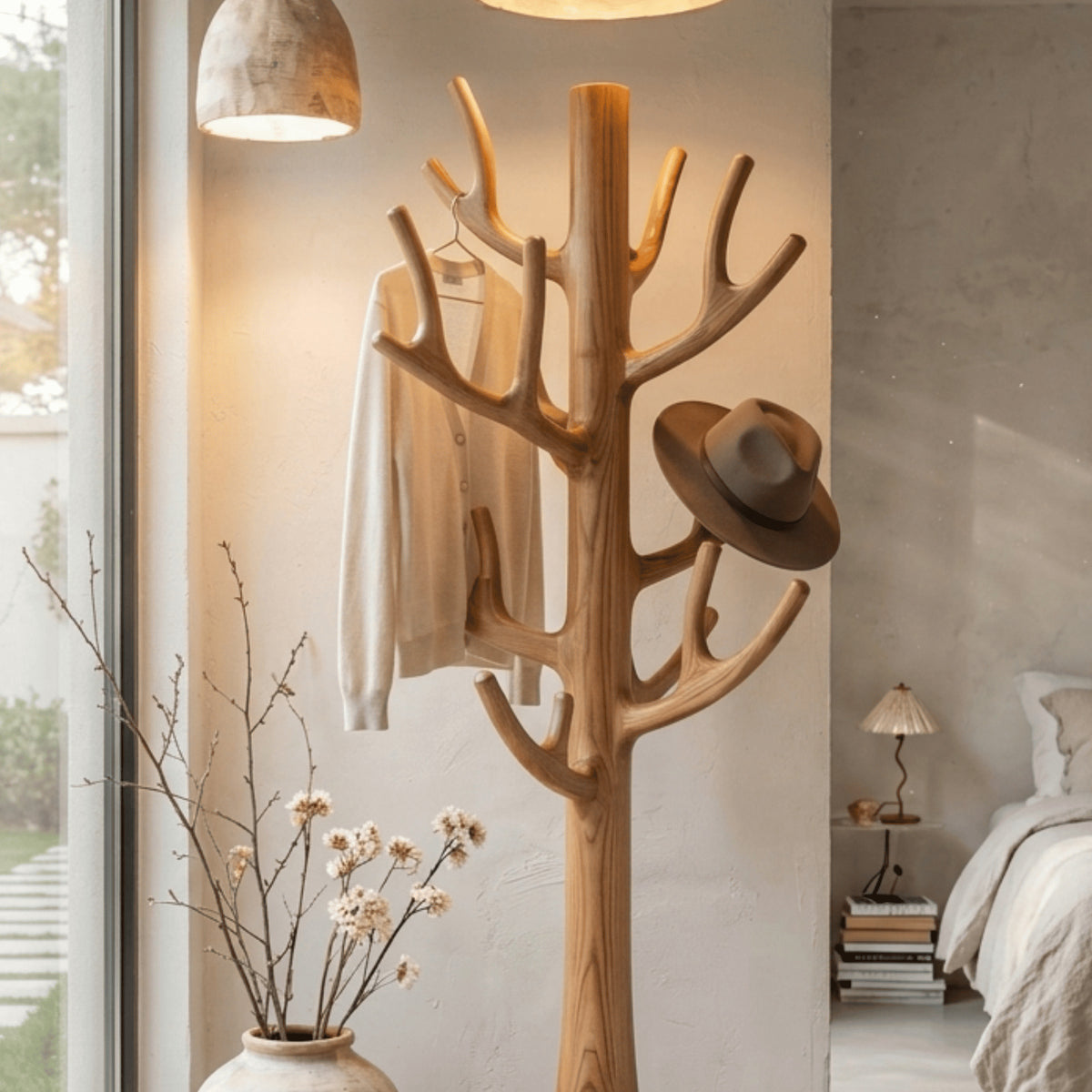 Solid wood coat rack featuring an artistic tree branch design