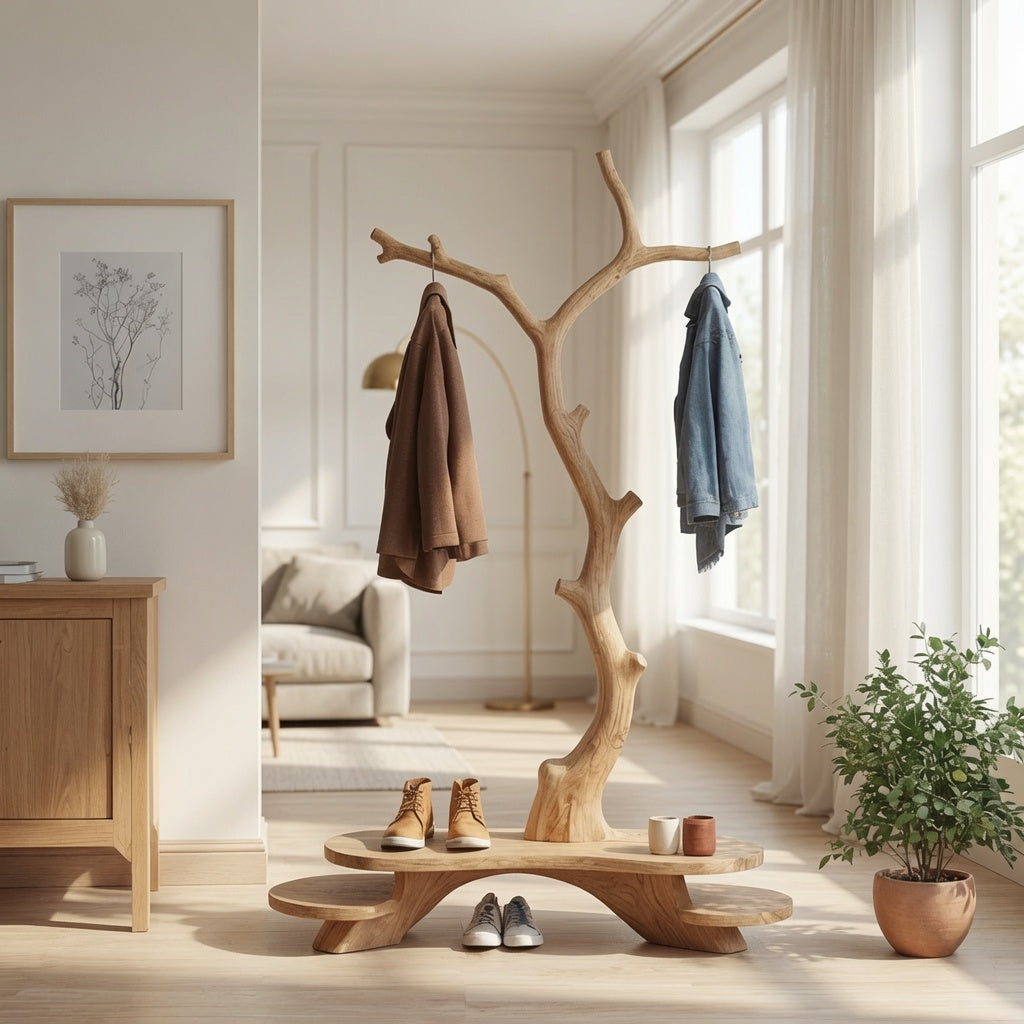 Sculptural solid wood coat rack with shoe bench in a modern entryway