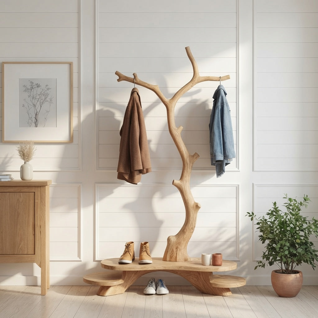 Modern solid wood entryway bench with coat hooks in a minimalist hallway
