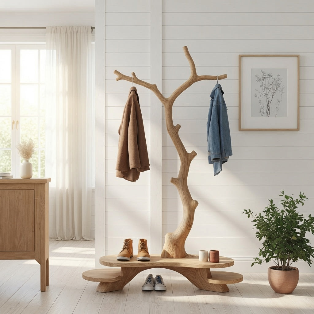 Contemporary solid wood hall tree creating an organized home entry