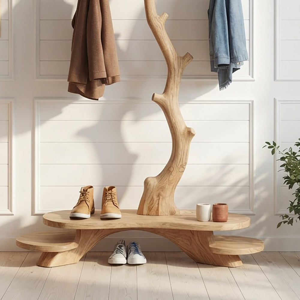 Contemporary solid wood hall tree with shoe bench