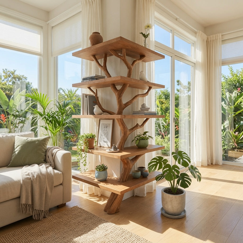 Sculptural solid wood corner shelf in a modern living room