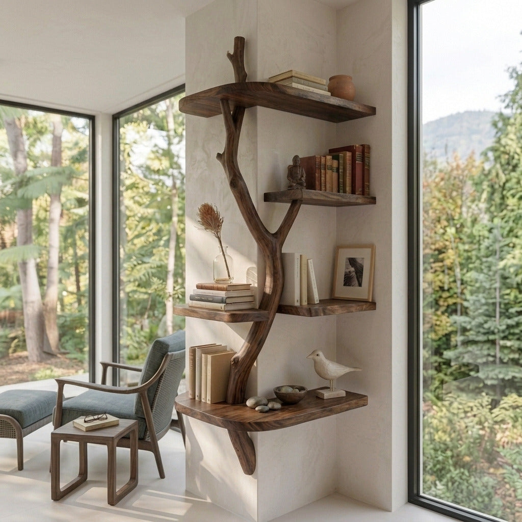 Sculptural wooden corner shelf adding natural elegance to a luxury living space