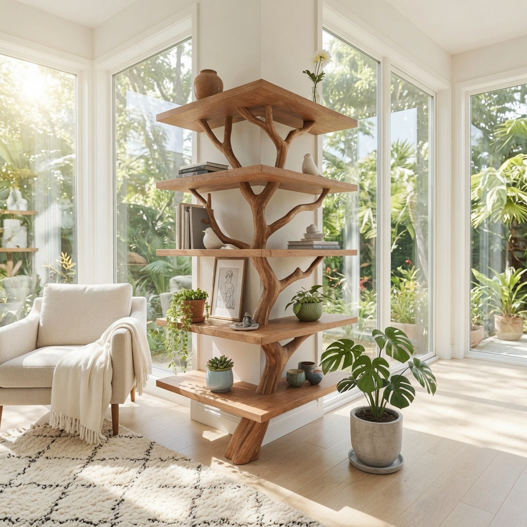 Contemporary solid wood corner display shelf in a cozy reading nook