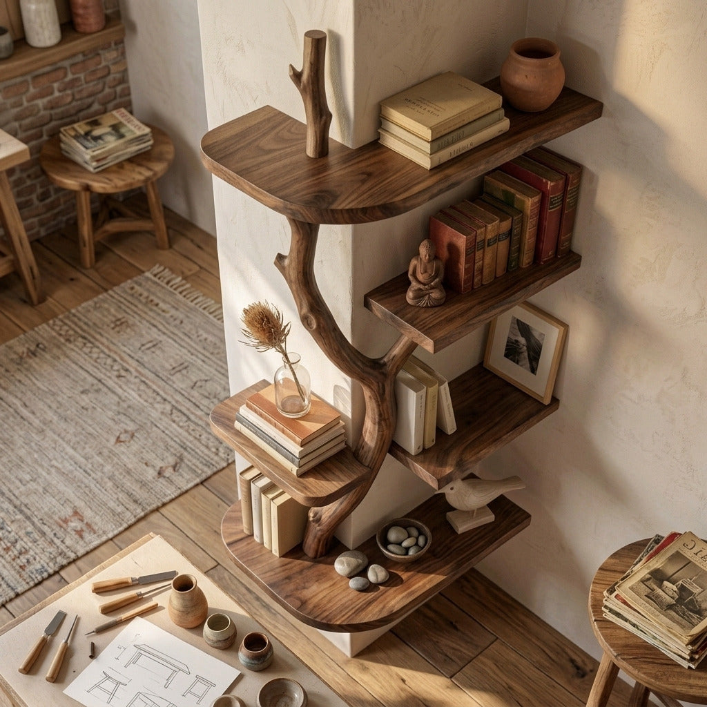 Artistic wooden corner display shelf in a Scandinavian interior