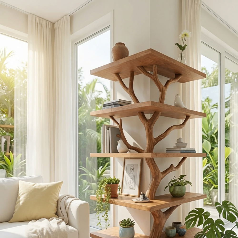 Organic solid wood corner shelf with tree branch design