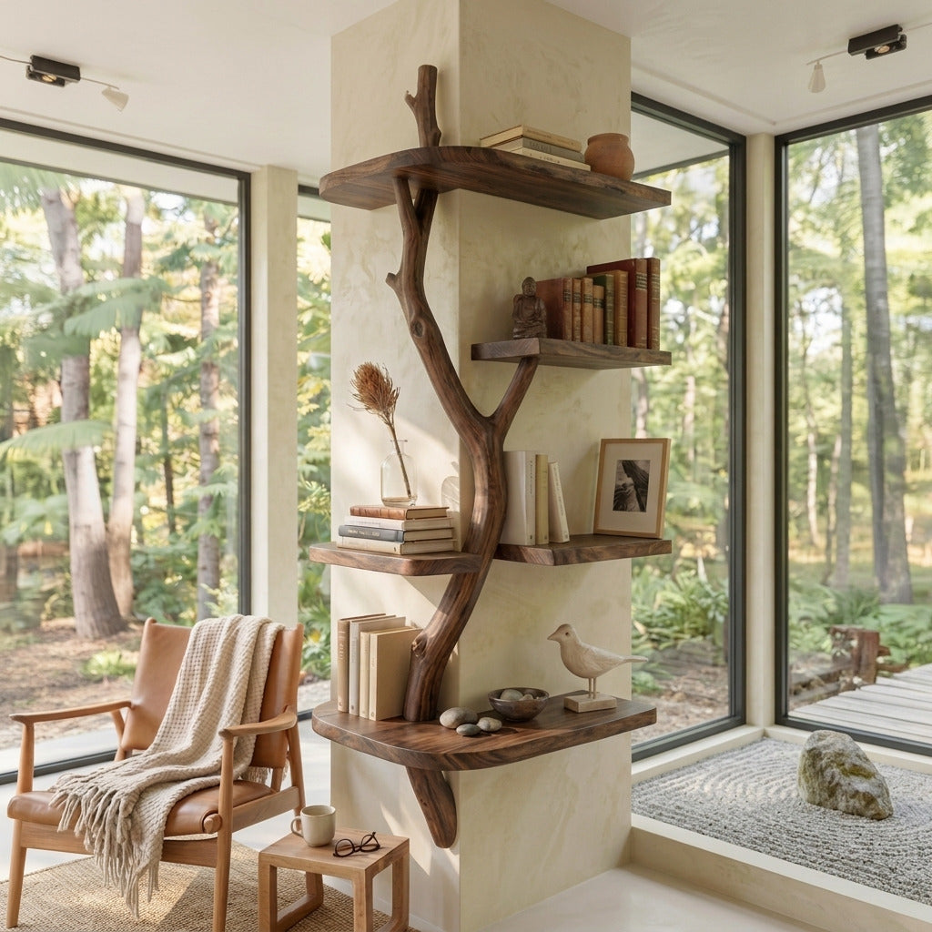 Contemporary solid wood corner bookshelf creating a cozy reading nook