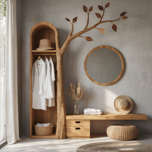 Sculptural Tree Branch Solid Wood Entryway Coat Rack & Bench System