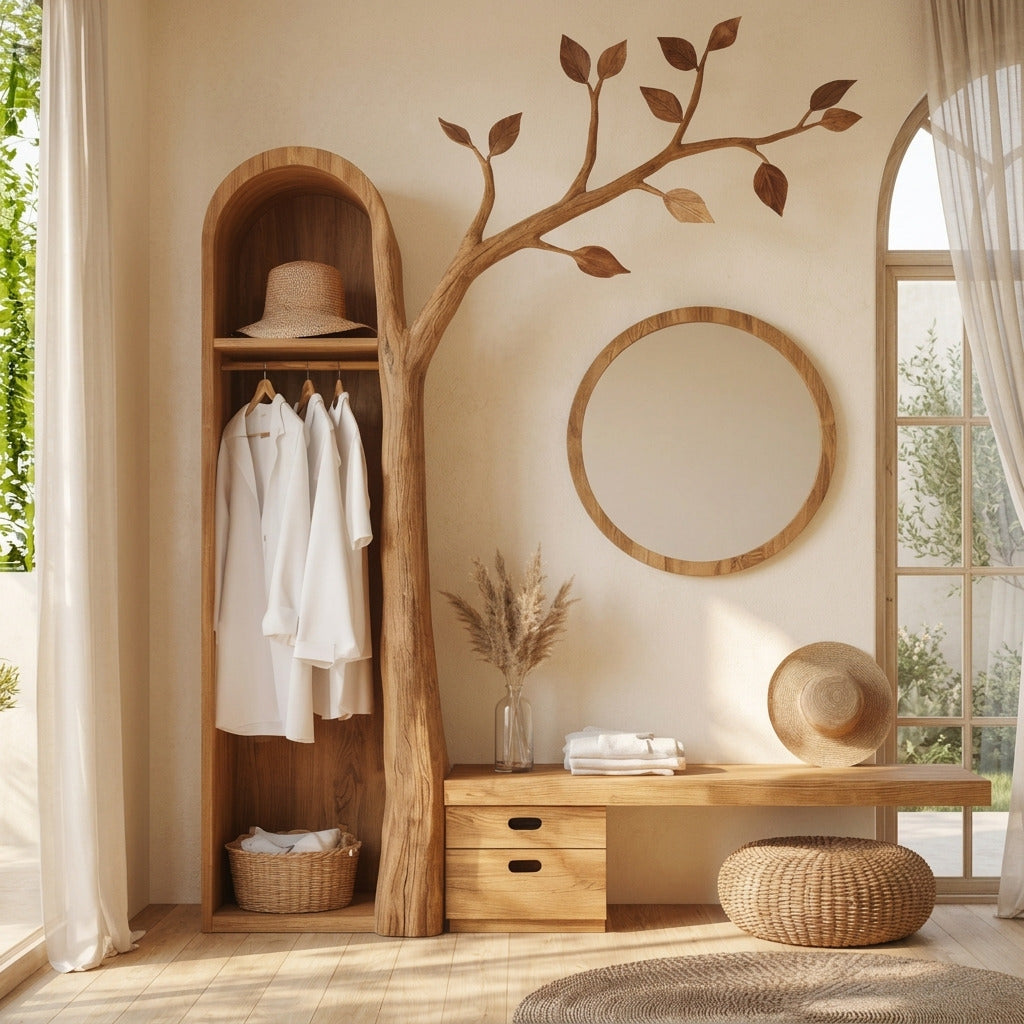Sculptural solid wood coat rack and bench in a modern entryway