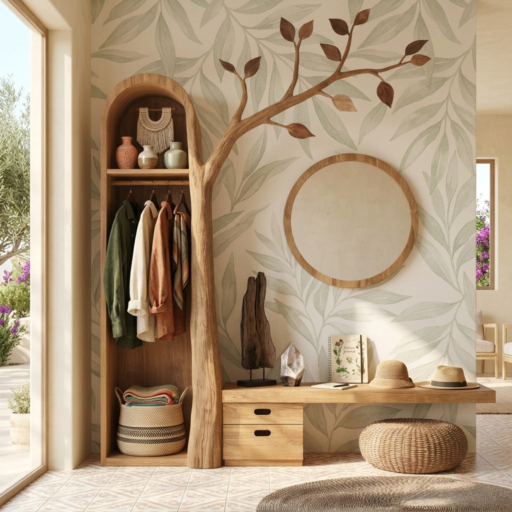 Artistic wooden hall tree creating an organized home entrance
