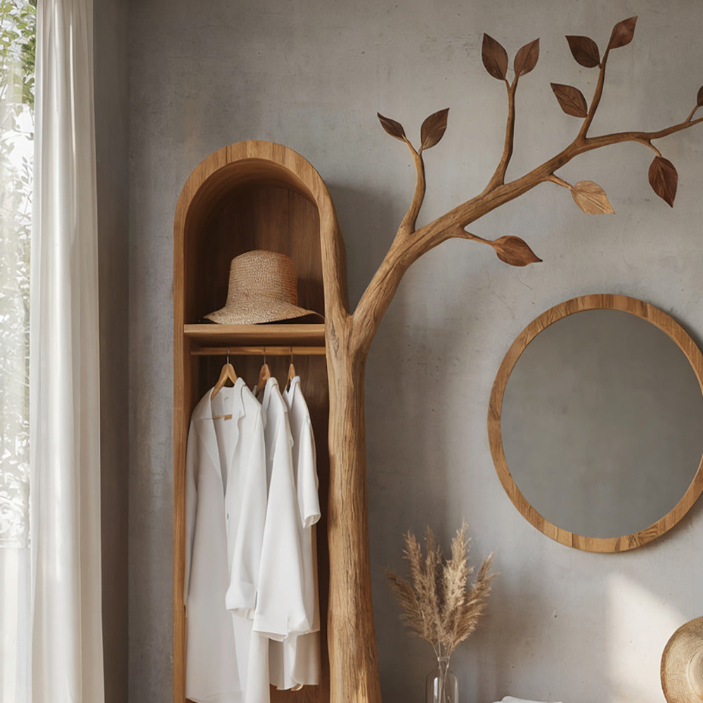 Artistic solid wood entryway bench with coat rack