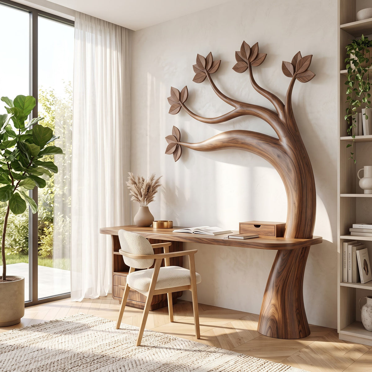 Sculptural tree branch solid wood executive desk in a contemporary home office