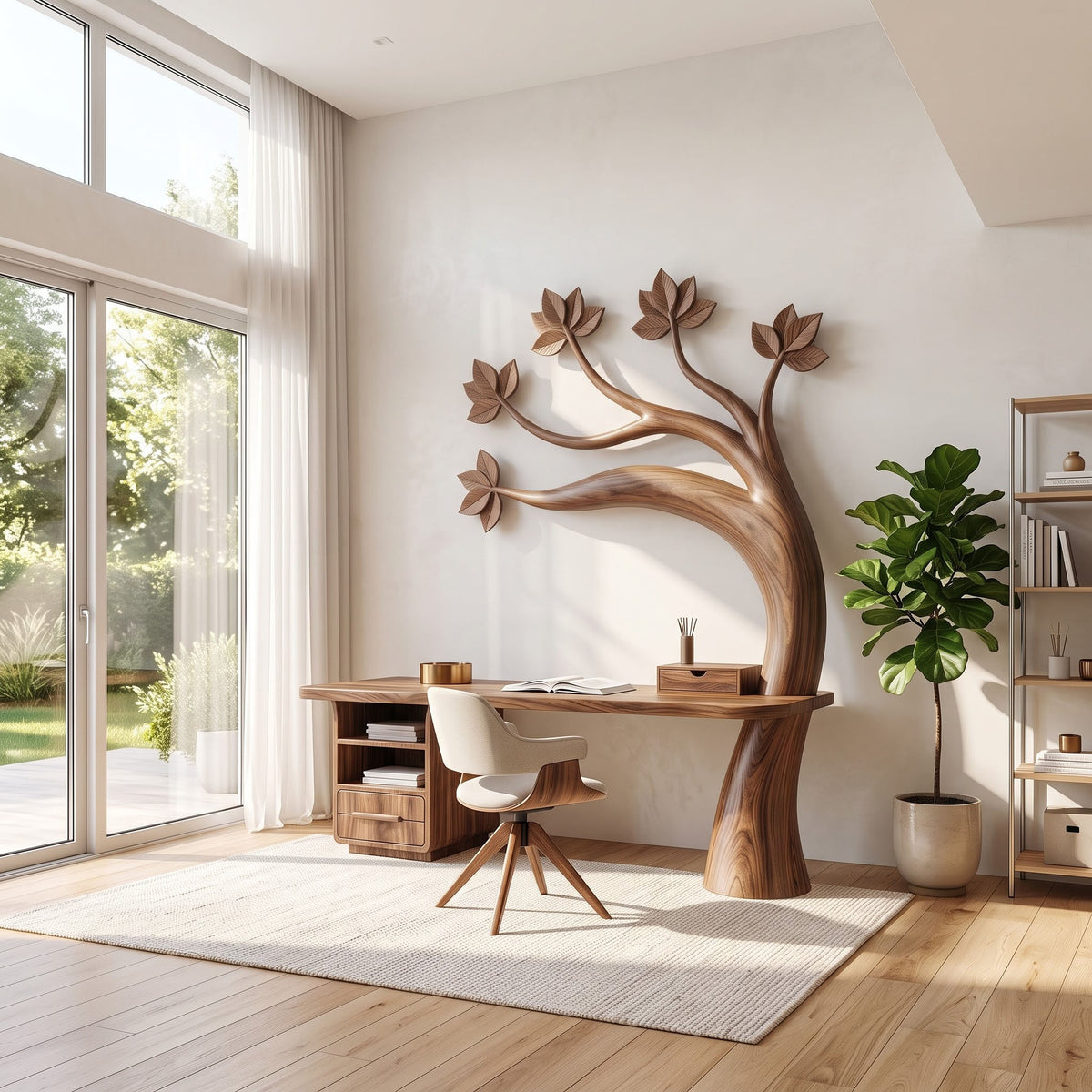 Solid wood executive desk with wall mounted canopy styled in a modern workspace