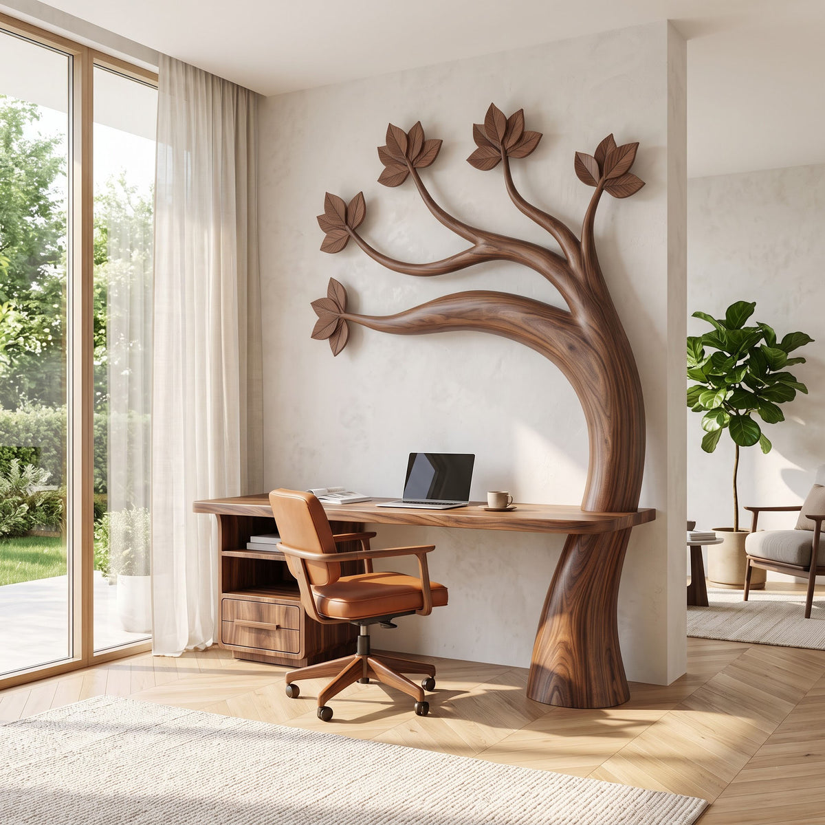 Organic solid wood branch desk displayed in a minimalist study