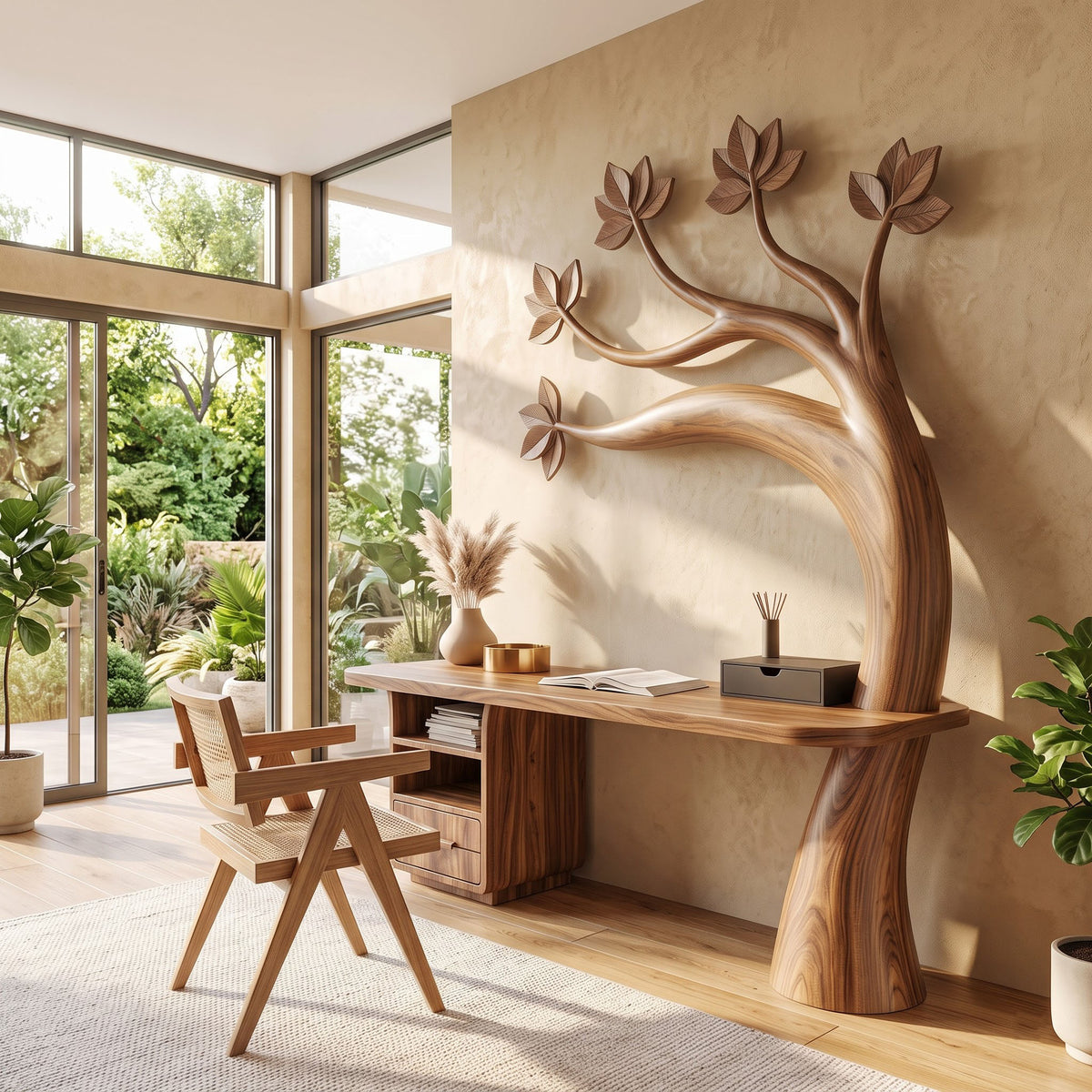 Sculptural solid wood workstation enhancing a contemporary executive office