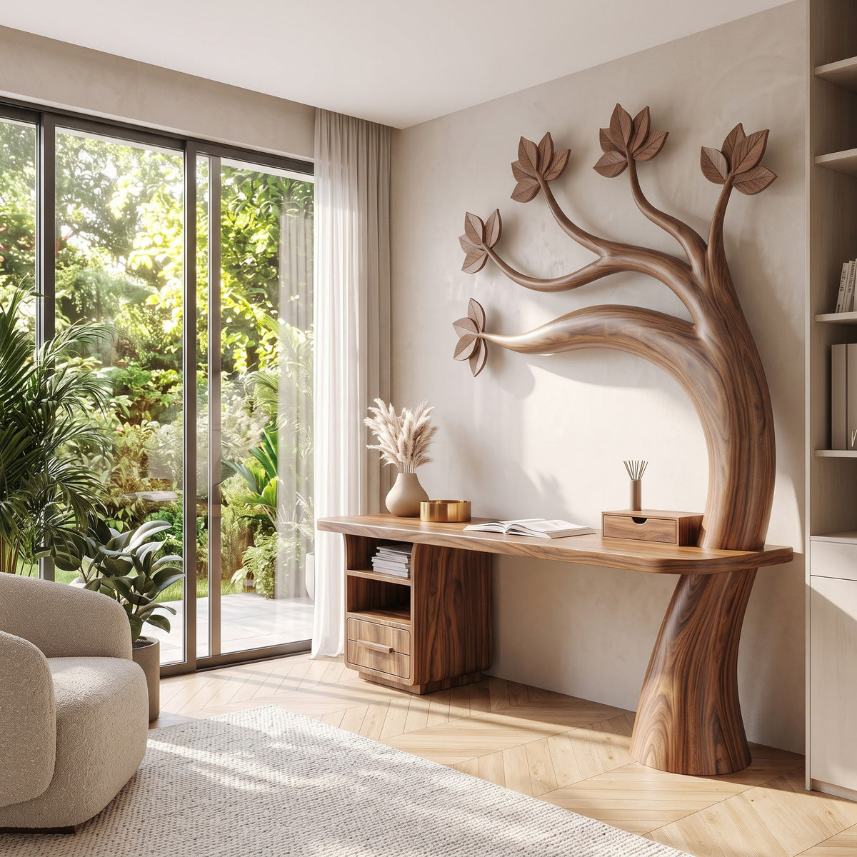 Tree branch solid wood desk showcased as a statement workspace