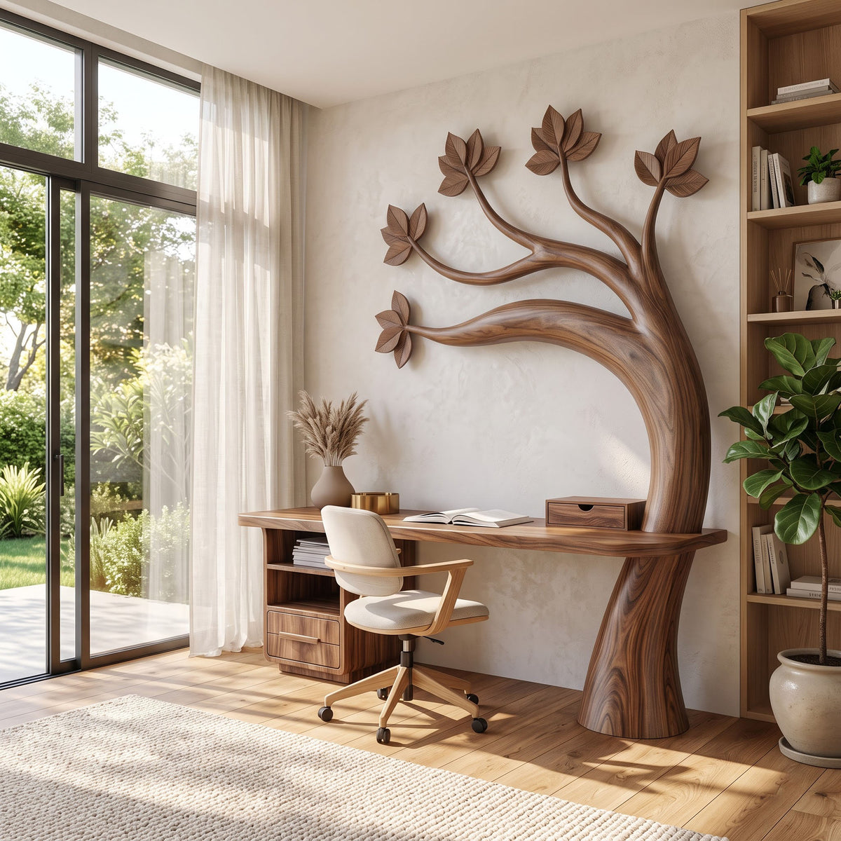 Wall mounted canopy solid wood desk styled in an elegant modern office