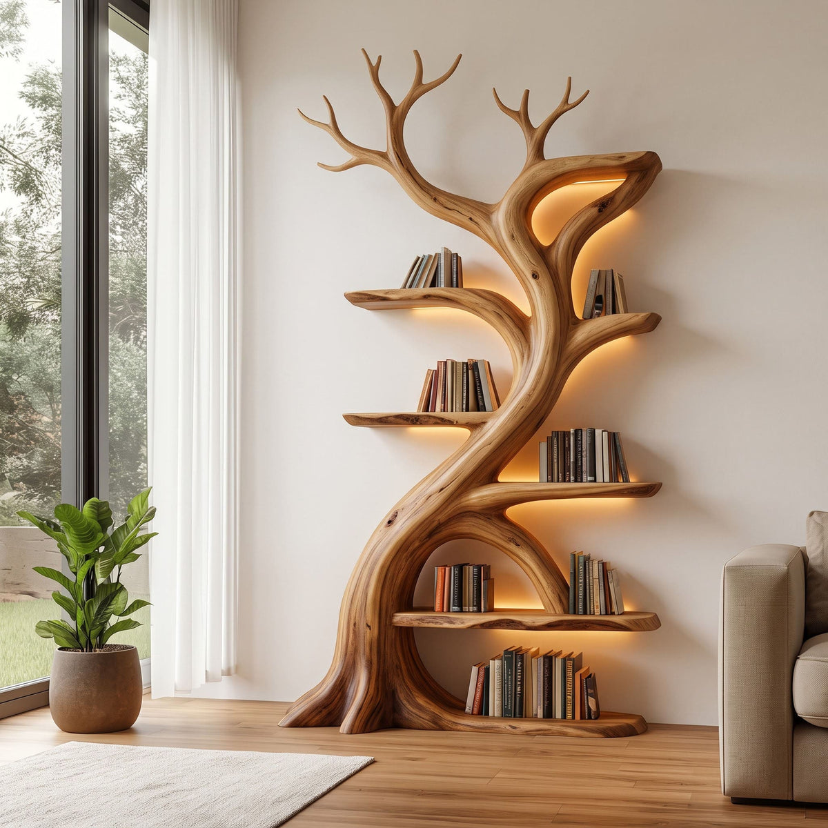 Sculptural tree branch freestanding bookshelf in solid wood