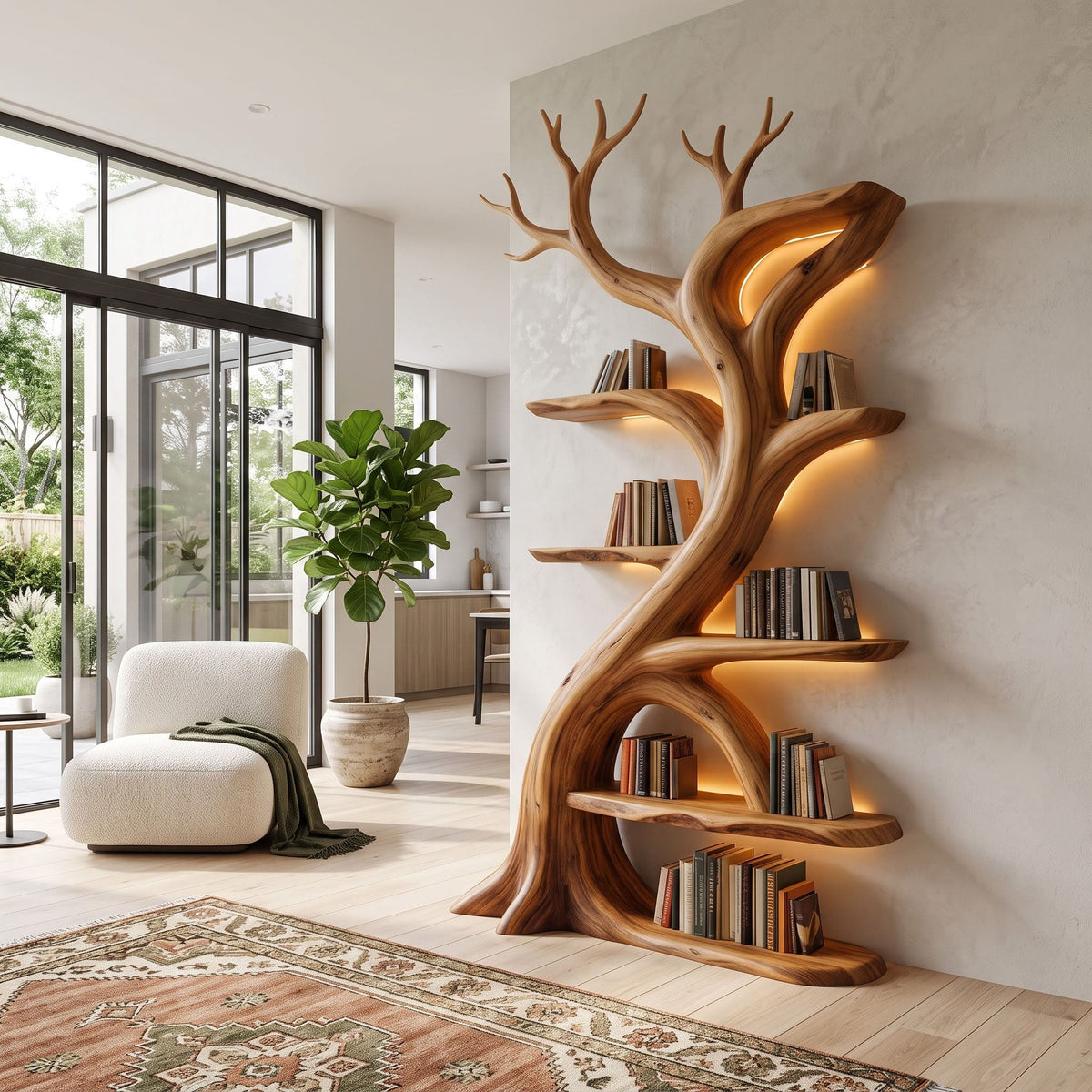 Sculptural tree branch solid wood freestanding bookshelf in a contemporary living room