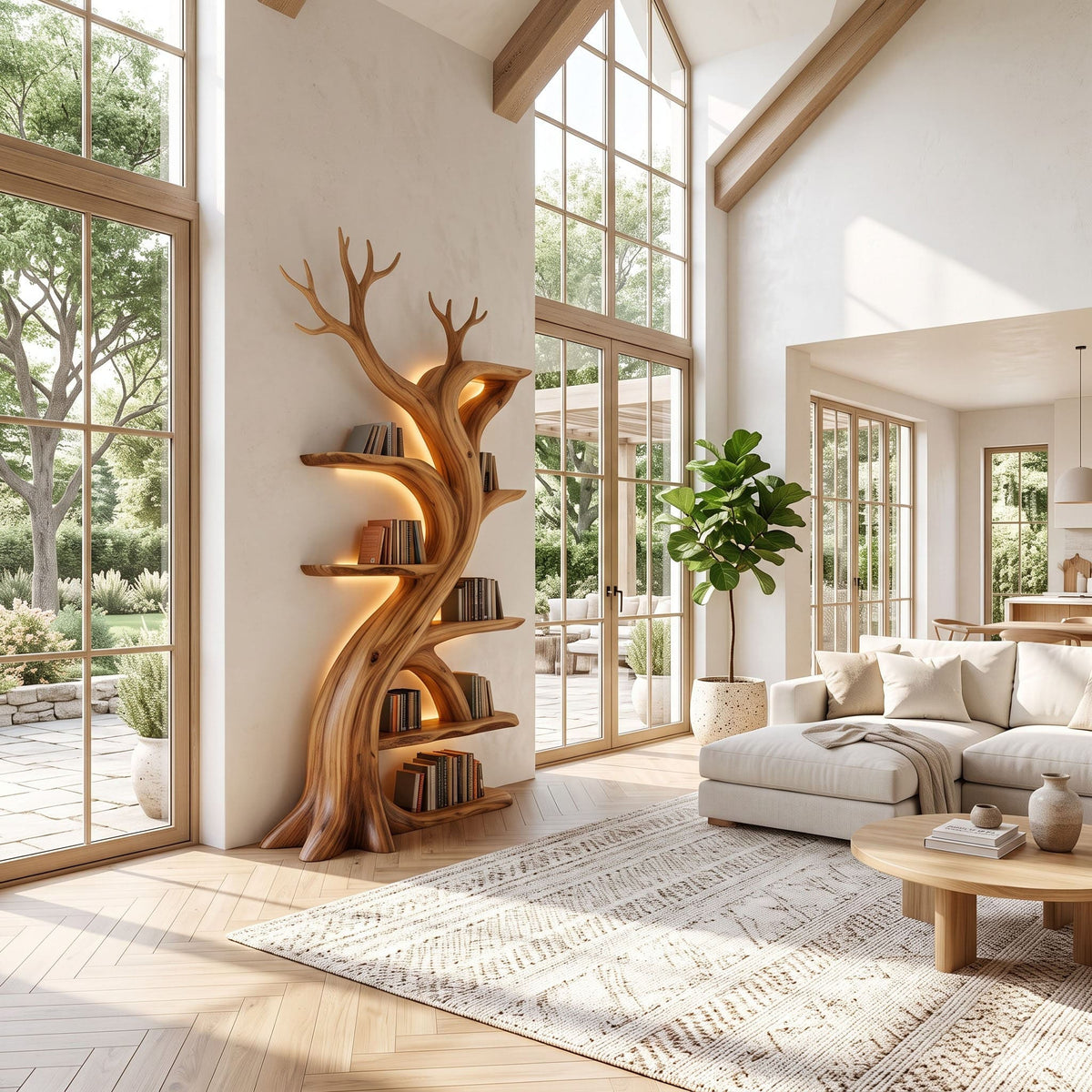 Sculptural solid wood open shelving enhancing a contemporary living space