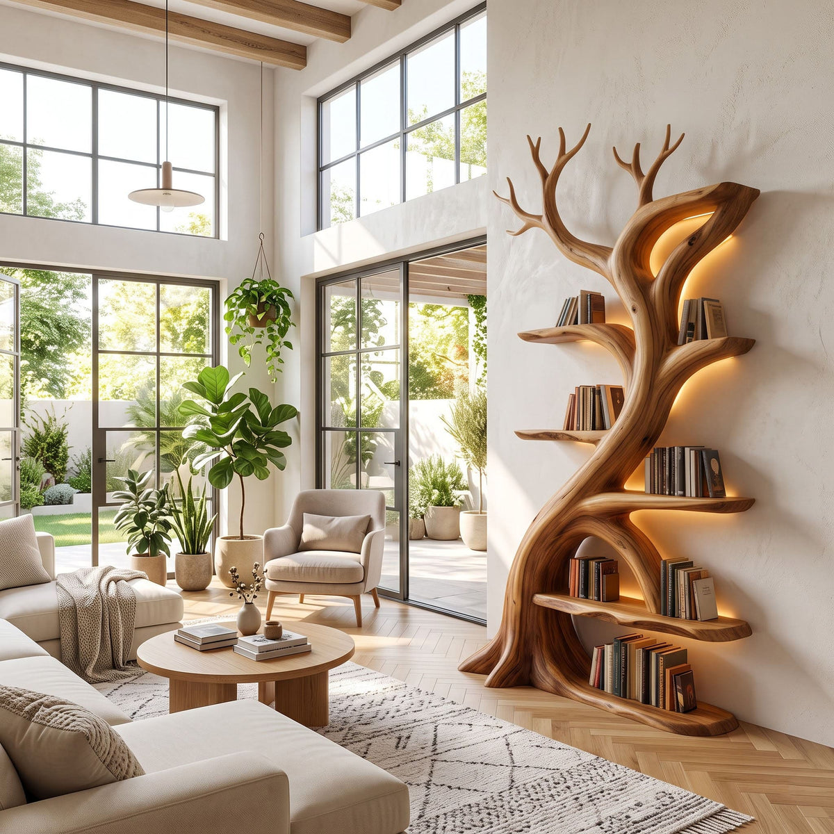 Organic solid wood tree branch bookcase displayed in a minimalist living room