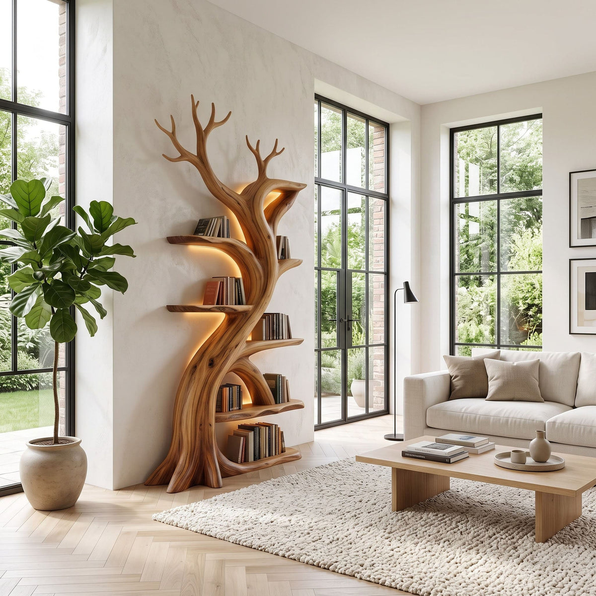 Multi-tier solid wood bookcase styled in an elegant modern interior