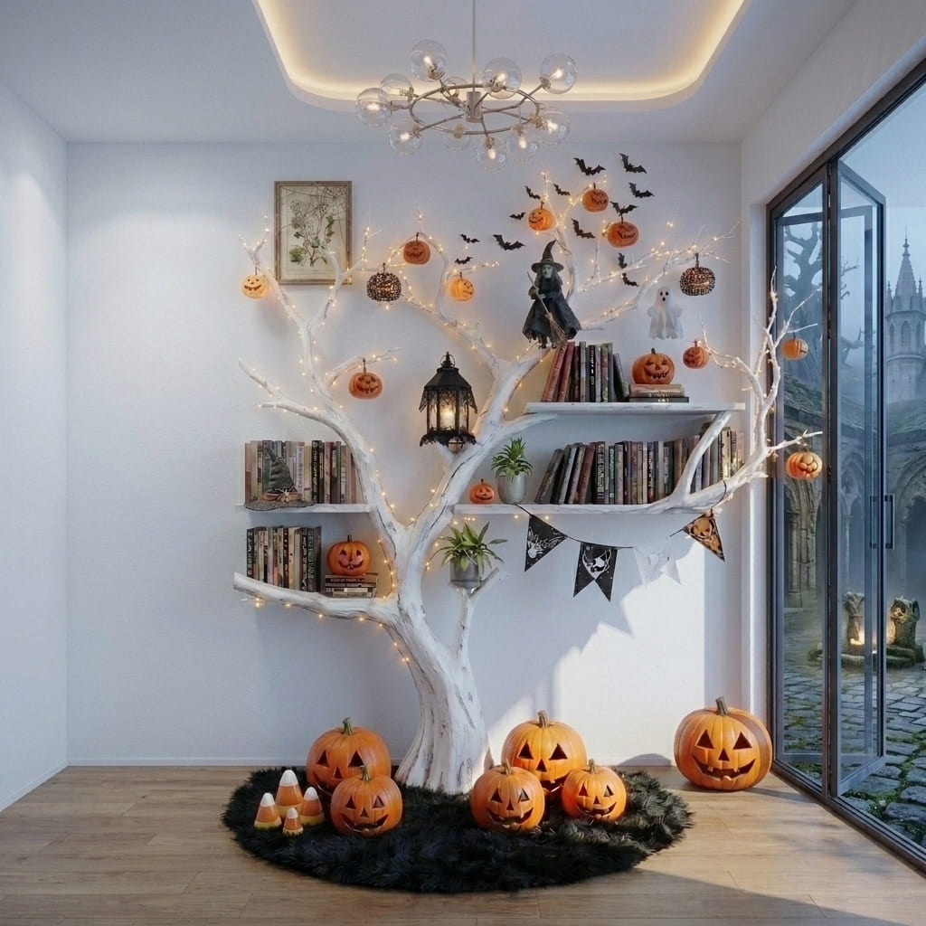 Sculptural solid wood tree branch bookshelf creating a festive focal point in a contemporary home