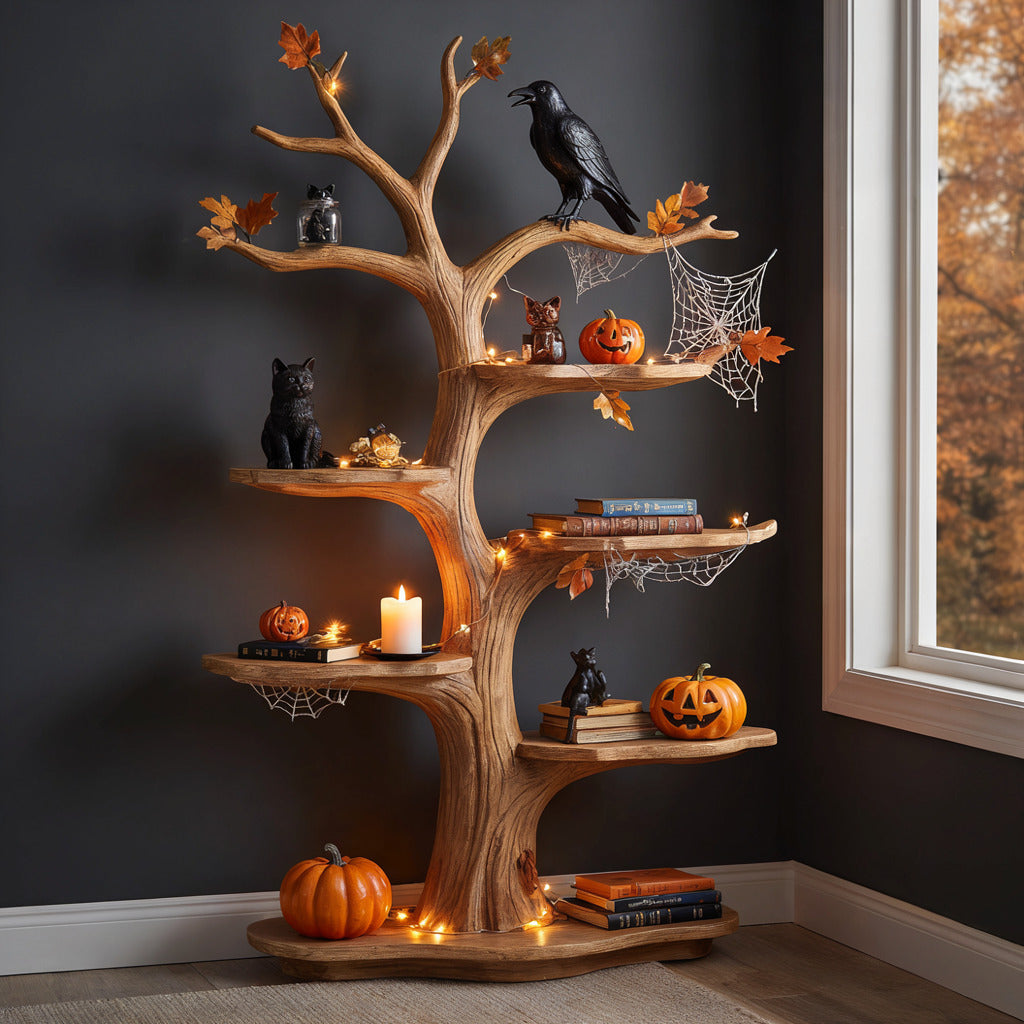 Organic hardwood tree branch shelf displaying pumpkins and seasonal accents