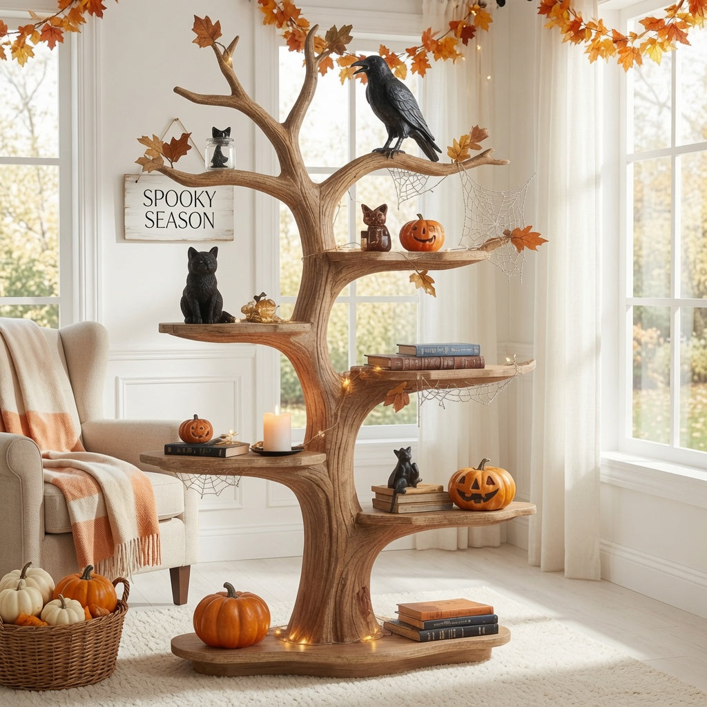 Sculptural tree branch solid wood Halloween shelf in a modern living room