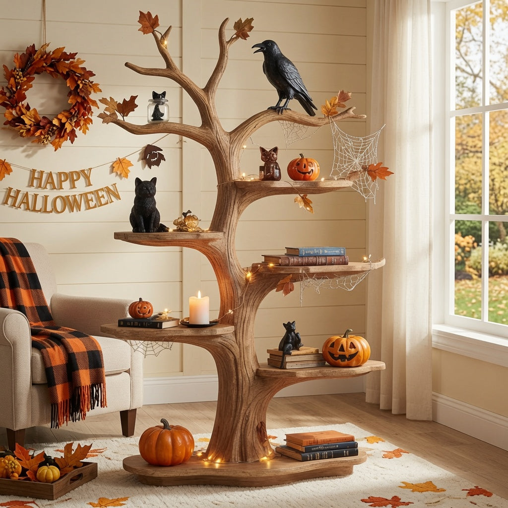 Sculptural tree branch Halloween shelf in solid wood