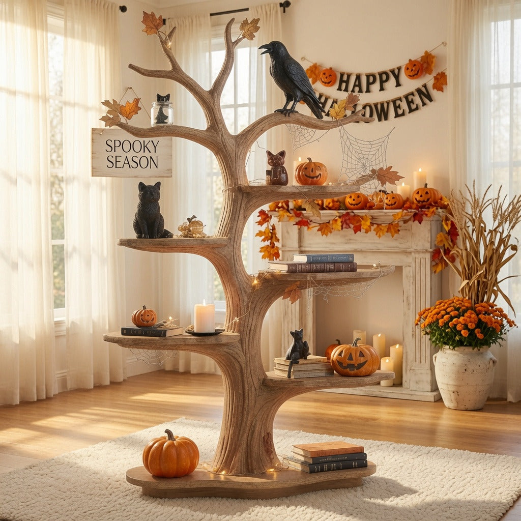 Rustic solid wood Halloween display shelf enhancing a farmhouse interior
