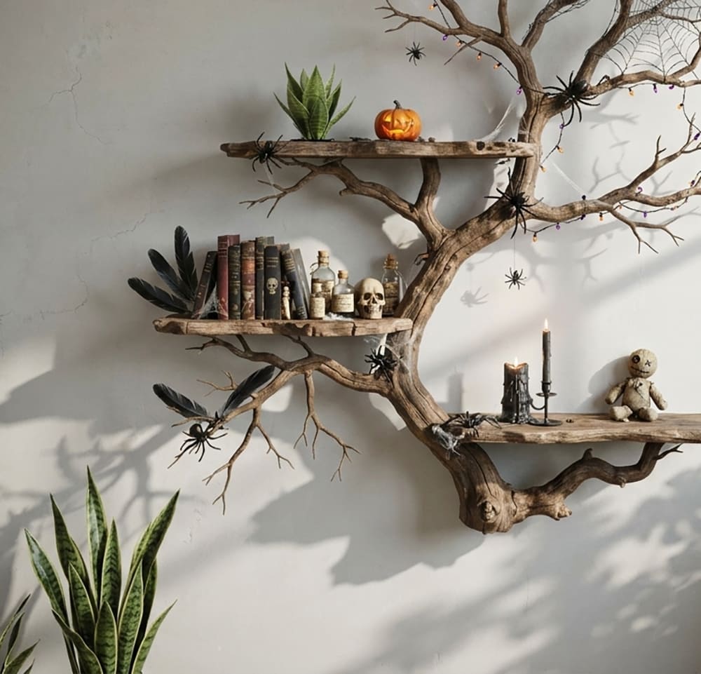 Organic tree branch wall shelf crafted from natural hardwood